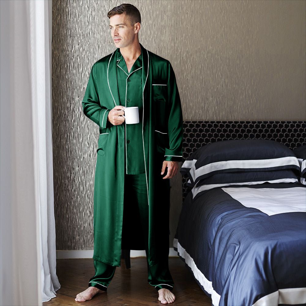 Mens Long Silk Pajamas & Robe Set for Men Full Length Silk Robe Pajama