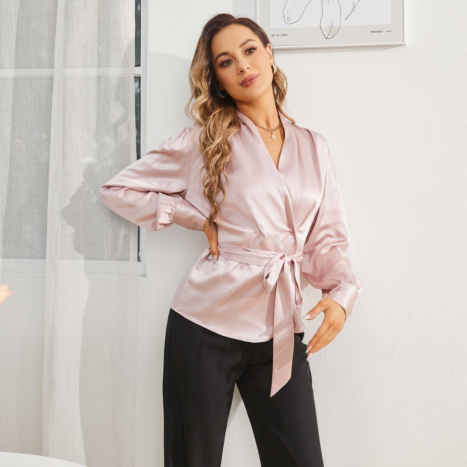 Pure Silk Blouse For Womens 22MM Silk Shirts Silk Long Sleeves Top With A Belt - slipintosoft
