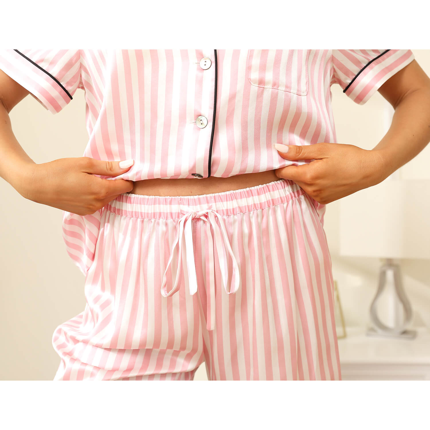 Short Stripe Silk Pajamas Short Silk PJS Black Striped Pink Silk PJ Set - slipintosoft