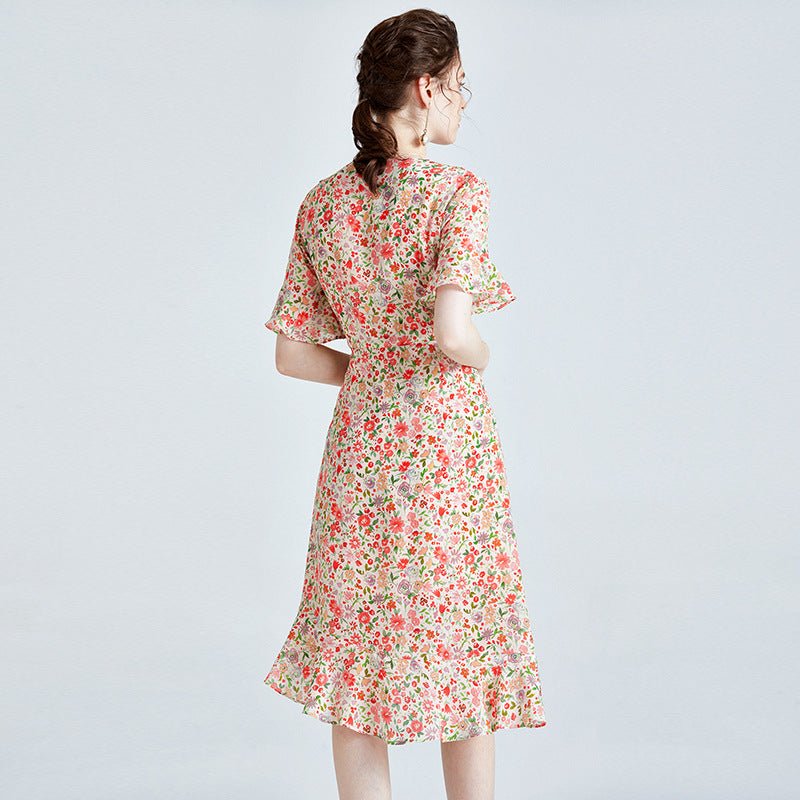 Silk Vintage Floral Dress 100% Mulberry Silk Dress Short Sleeves Silk Dress Spring New In - slipintosoft