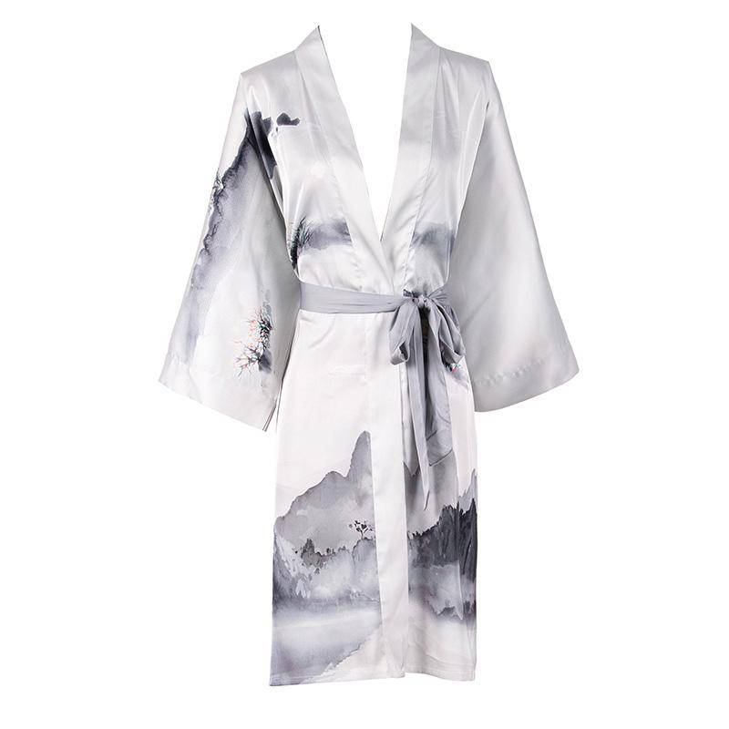 19 Momme Short Mulberry Silk Kimono Robe Gorgeous Chinese Brush Painting for Women All Sizes -  slipintosoft