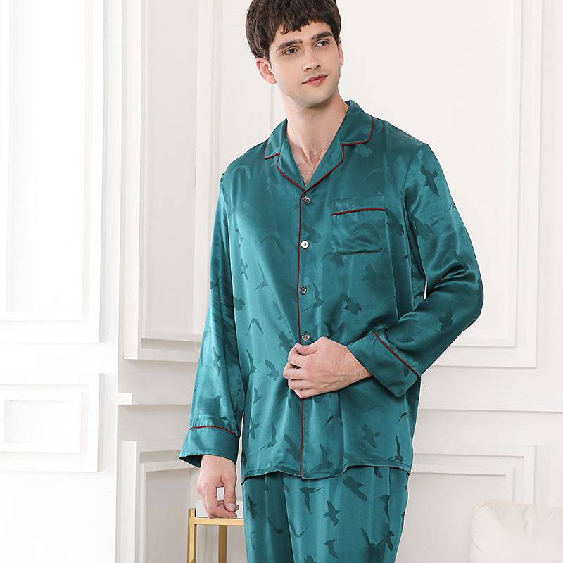 Long Silk Pajama Set For Men Birds Printed Blue Green men's luxury Silk sleepwear -  slipintosoft