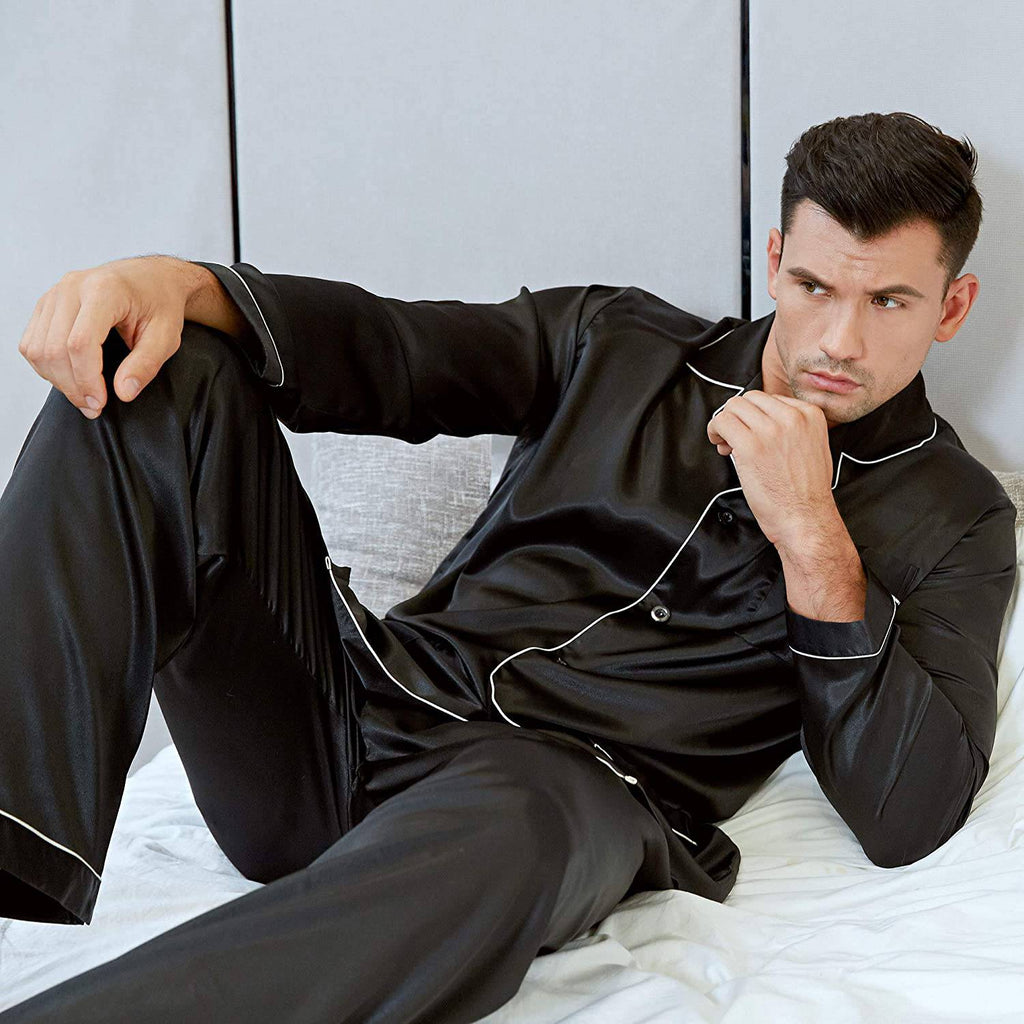 Men's Silk Long Pajamas Set with Pockets Silk Long Button-Down Pajamas Set -  slipintosoft
