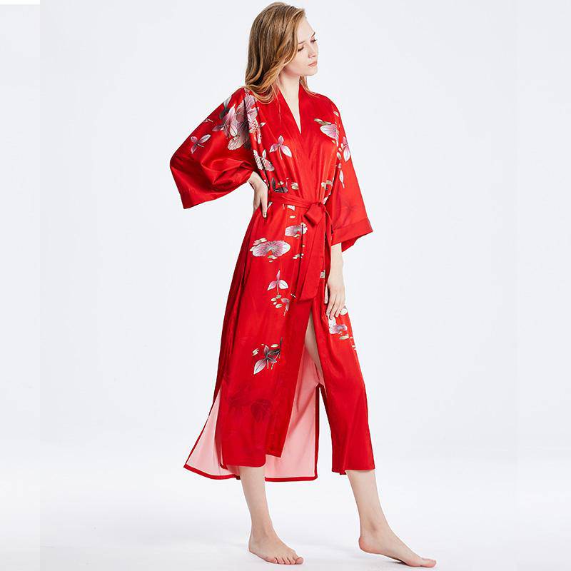 Long 100% Silk Kimono Robes lotus silk clothes Red Lotus Personalized Bride Japanese High Waist Sleepwear for Women -  slipintosoft