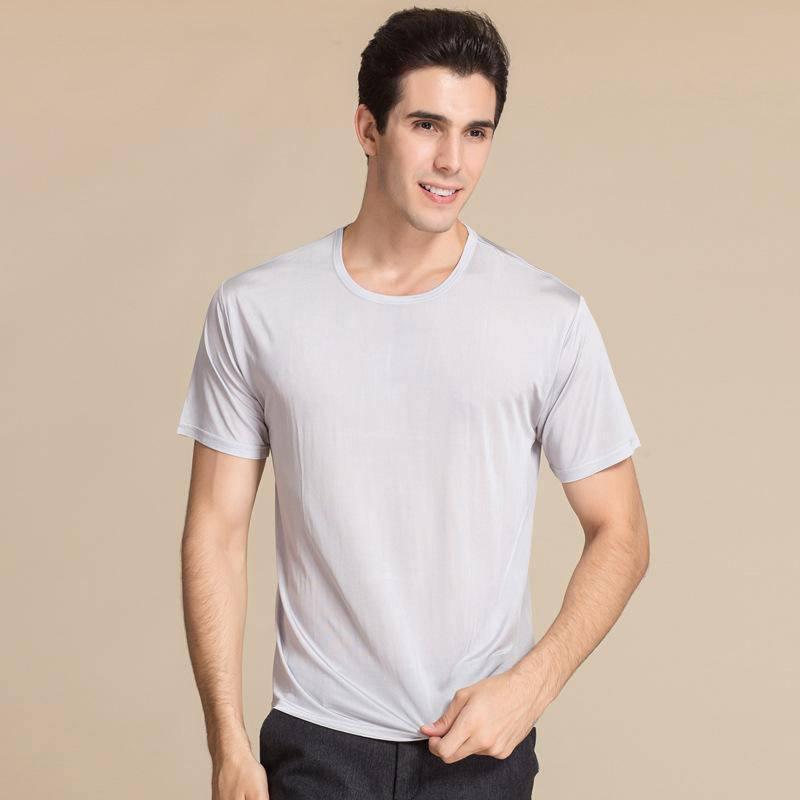 Mens Classic Crew Neck Silk T-Shirt Top Short Sleeve Undershirts Silk Knitted Shirts for Men
