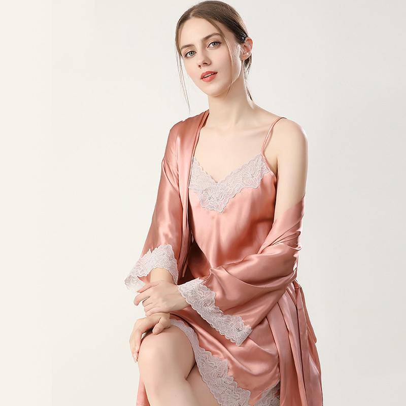 Short Silk Nightgown and Robe Set SIlk Nightgown sets with Lace -  slipintosoft
