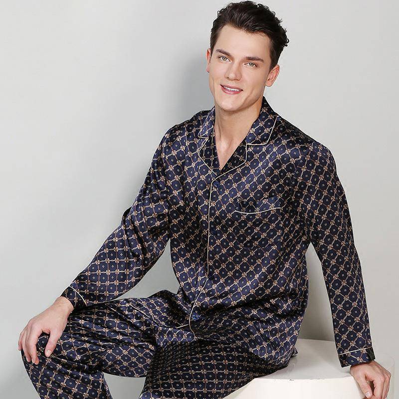 Silk Pajamas for Men Printed Male Long Sleeve with 100 Silk Bottoms 2 Piece Silk PJS -  slipintosoft