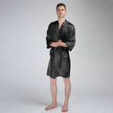 Short Men's Silk Robe Luxury Pure Silk Kimono Robe with Pockets Big and Tall Size