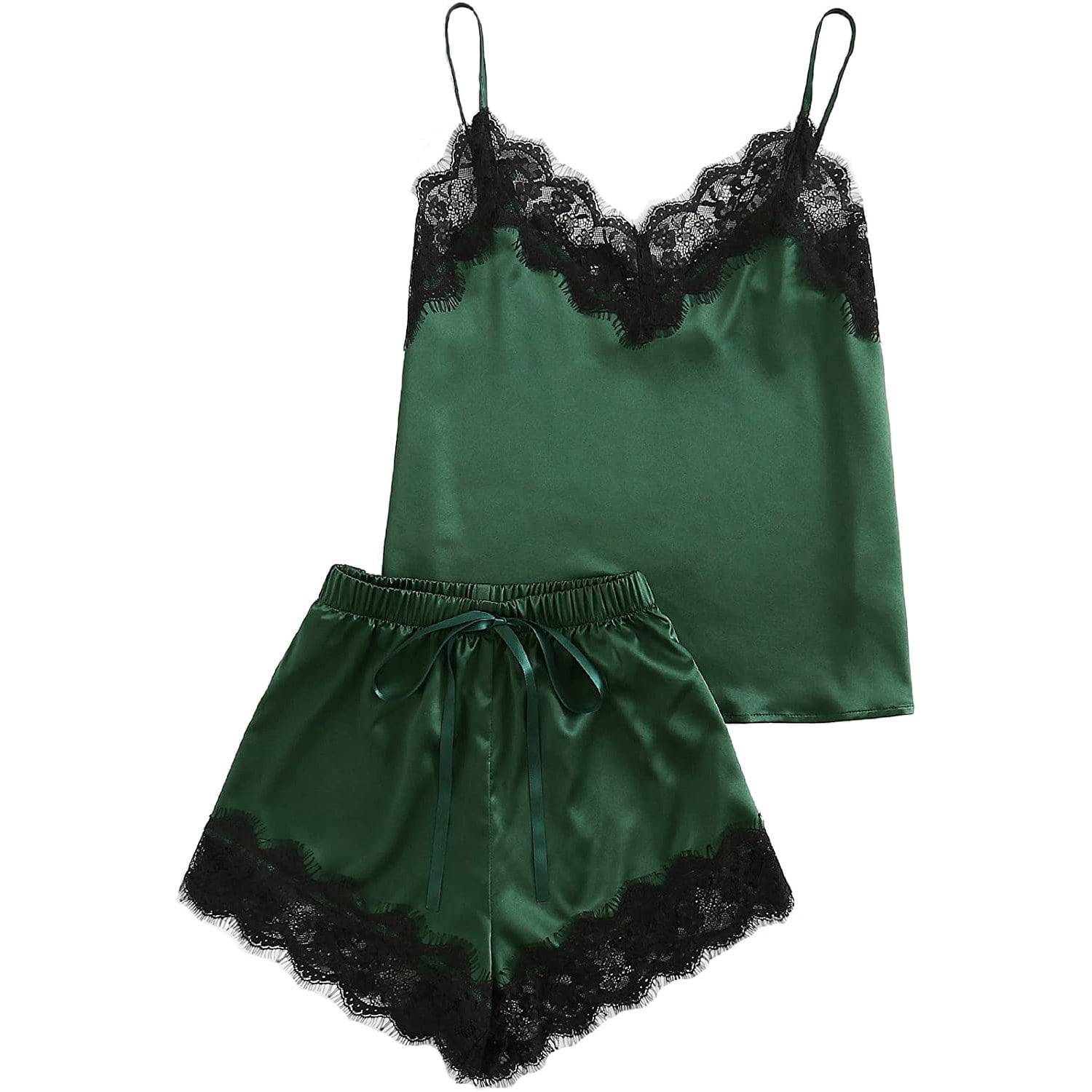 Short Silk Pajamas For Women With lace Cami Top and Shorts Pajama Set