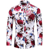 Men's Long Sleeve Flower Printed Silk Shirts Button Down Flower Silk Dress Shirt