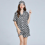 Summer New Silk Checkerboard Printed Shorts Pajamas Set Short Sleeves Ladies Silk Sleepwear - slipintosoft