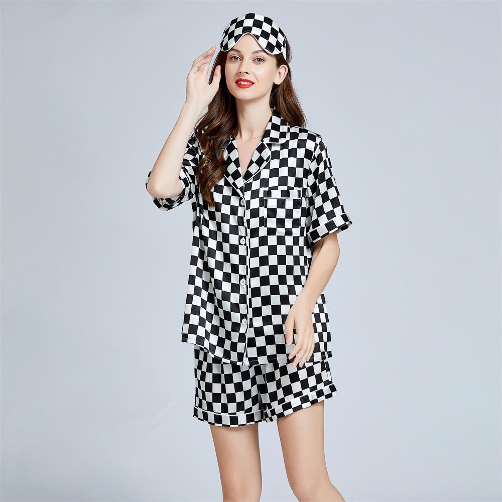 Summer New Silk Checkerboard Printed Shorts Pajamas Set Short Sleeves Ladies Silk Sleepwear - slipintosoft