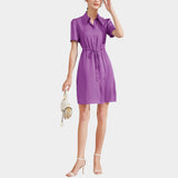 Summer Short Sleeves Silk Dresses 100% Pure Mulberry Silk Shirt Dress Ladies Button Dress - slipintosoft