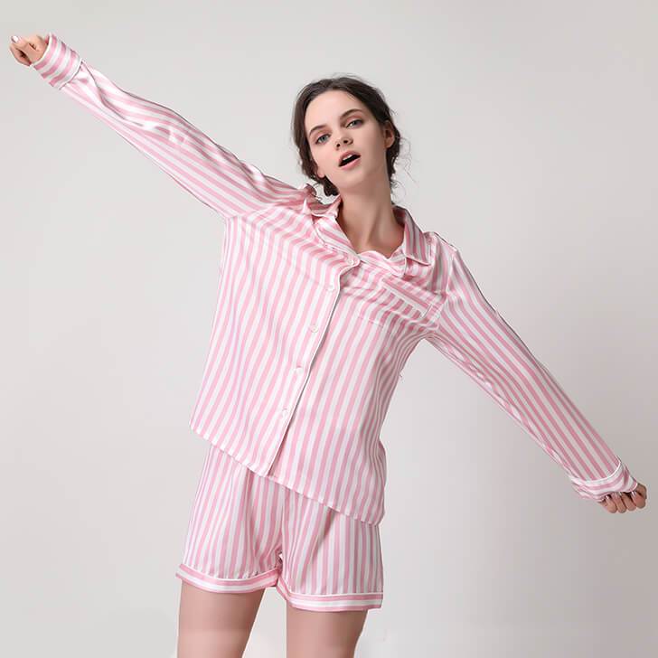 Women Pink Striped Silk Pajama Set Pink and White Balck and White Shor