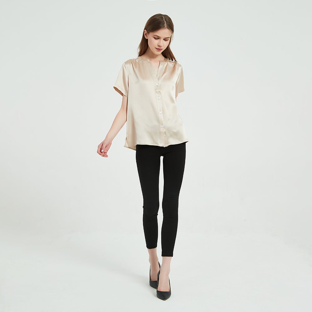Women Short Sleeve Silk Blouse V Neck Silk Shirts Tops for Women - slipintosoft