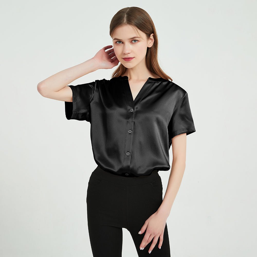 Women Short Sleeve Silk Blouse V Neck Silk Shirts Tops for Women - slipintosoft