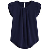 Women's Casual Round Neck Silk Blouse Pleated Top Cap Sleeve Curved Keyhole Back Blouse - slipintosoft