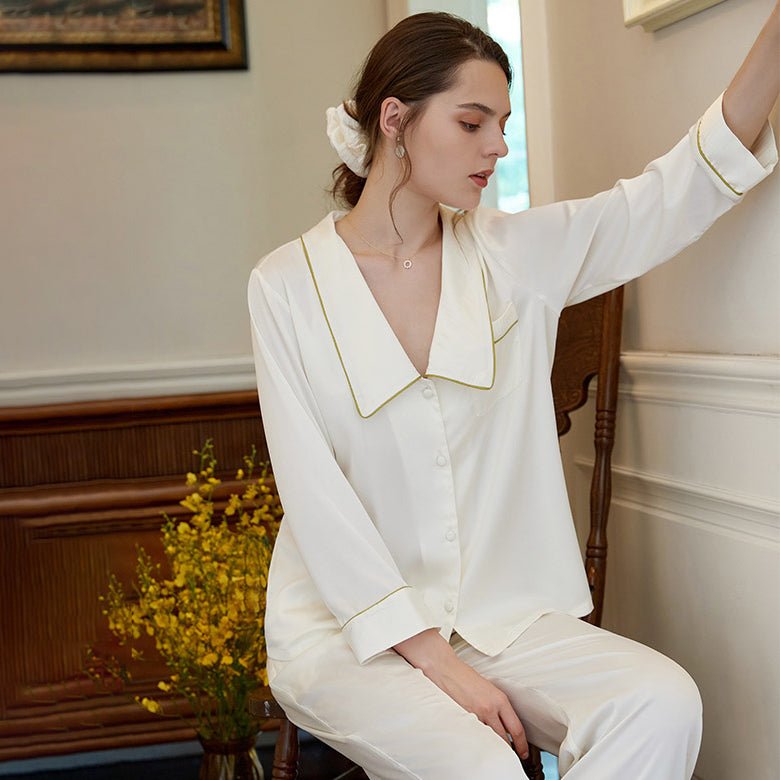 Womens Classic Silk Pajamas Set 19mm Long Sleeves Silk Sleepwear - slipintosoft
