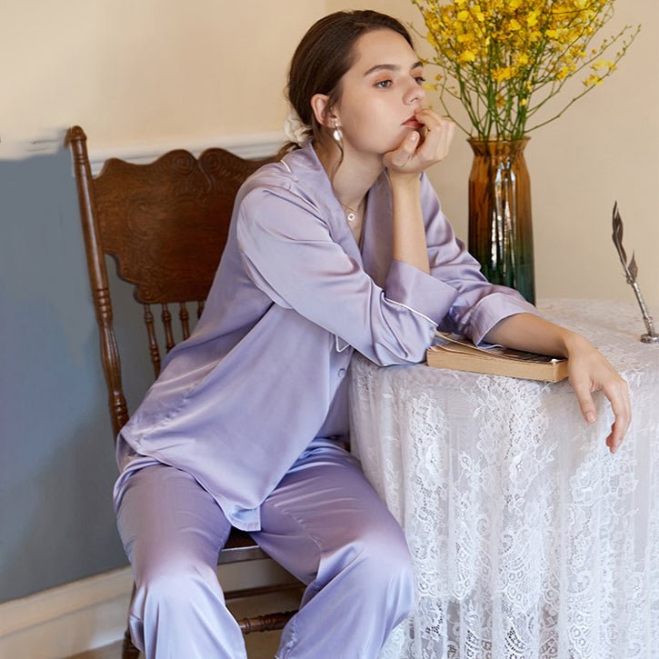 Womens Classic Silk Pajamas Set 19mm Long Sleeves Silk Sleepwear - slipintosoft