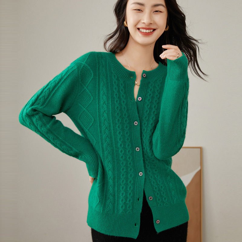 Women's Crewneck Cashmere Cardigans Cable-Knit Button-down Sweater - slipintosoft