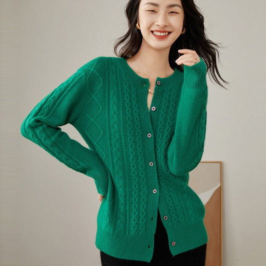 Women's Crewneck Cashmere Cardigans Cable-Knit Button-down Sweater - slipintosoft