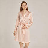 Womens Elegant Mid Length Silk Robe Mulberry Silk Long Sleeves Bathrobe Sleepwear