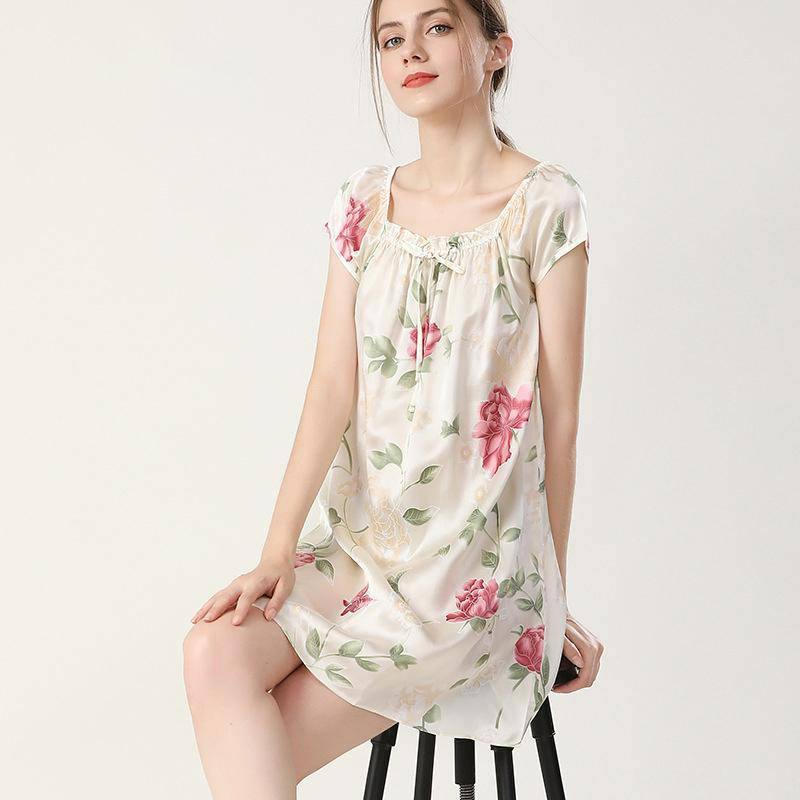 Women's Flowere Silk Nightgown Floral Printed Silk Dress Ladies' Silk Nightwear - slipintosoft