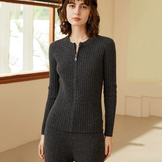 Women's Full Zip-up Cashmere Cardigans Round Neck Slim Fit Cashmere Sweater - slipintosoft