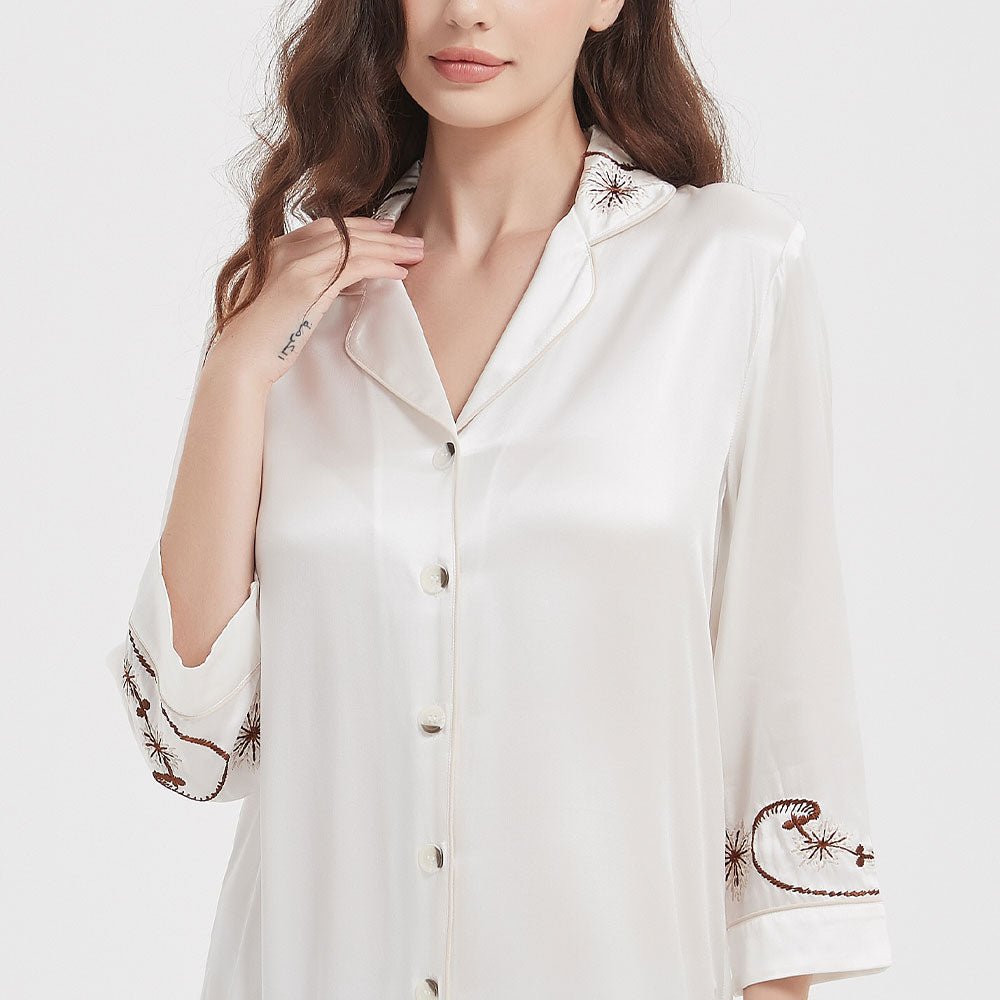 Women's Long Seelve Button Up 19 Momme 100% Silk Nightshirts With Embroidery - slipintosoft