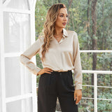 Women's Silk Blouse Lady Lapel Silk Shirt Office Work Long Sleeve Silk Shirt Tops - slipintosoft