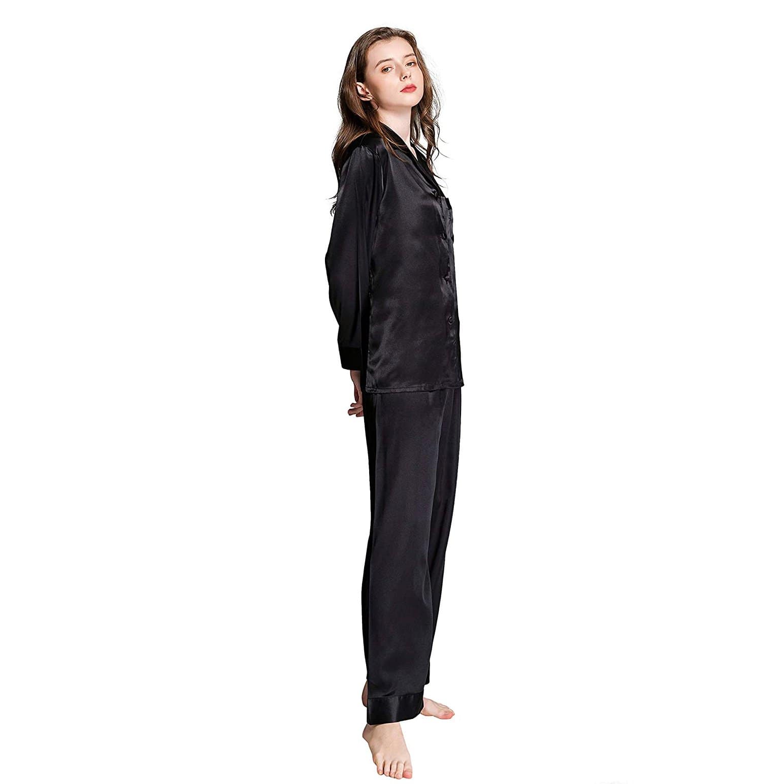 Womens Silk Pajama set Long Sleeve Button Down Silk Sleepwear Full Length Pajamas - slipintosoft