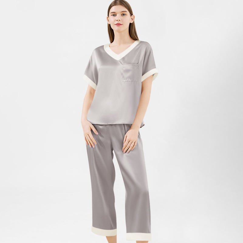 Women's Silk Pajamas Set Contrast V Neck Ladies Silk Pajamas Pure Silk Sleepwear - slipintosoft