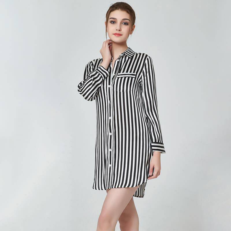 Women's Striped Silk Nightshirt Long Sleeve Sleepshirt Silk Pajama Top for Women - slipintosoft