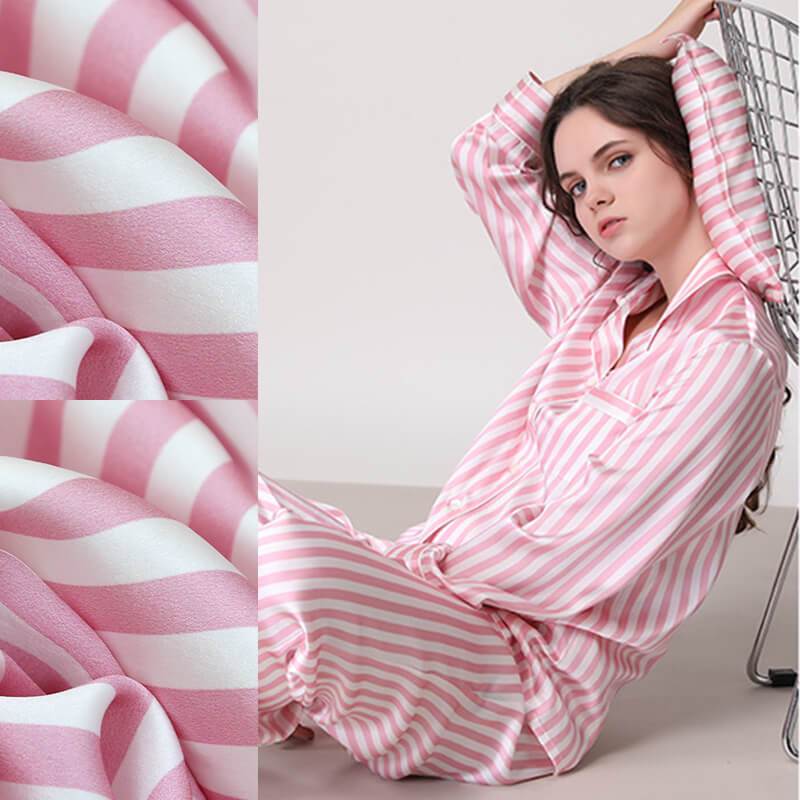 Women's Striped Silk Pajama Set Long Sleeve silk Sleepwear Stripe Silk