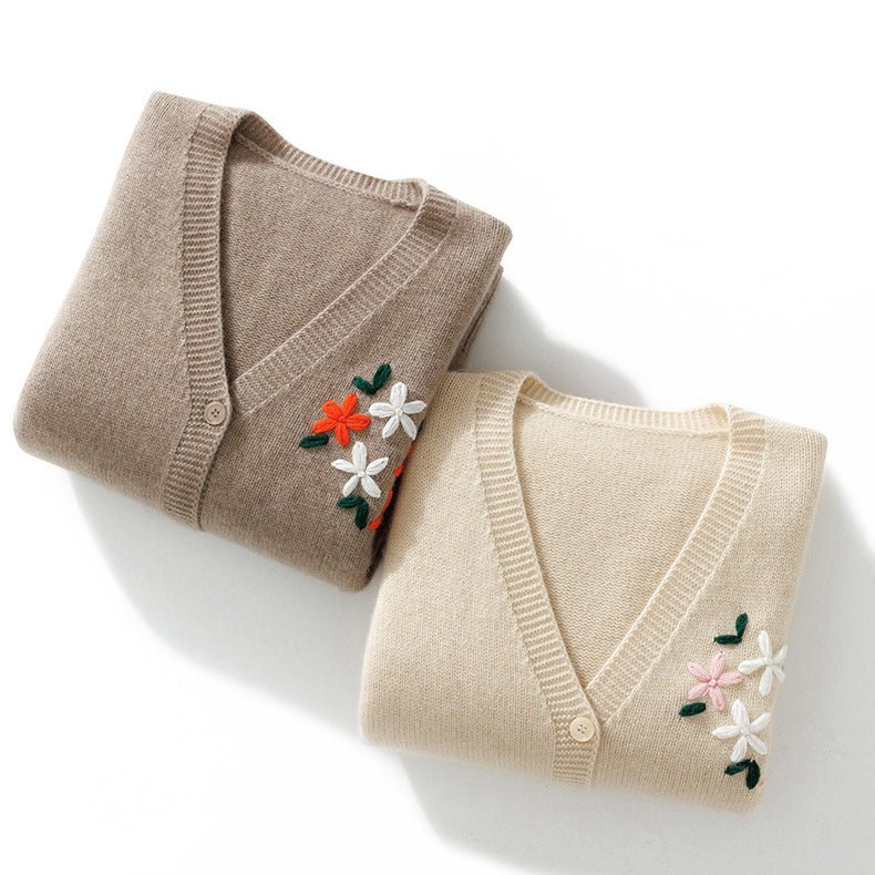Women's V-Neck Embroider-Knit 100% Cashmere Button-Down Cardigan - slipintosoft