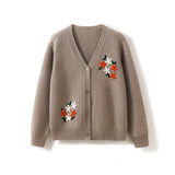 Women's V-Neck Embroider-Knit 100% Cashmere Button-Down Cardigan - slipintosoft