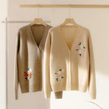 Women's V-Neck Embroider-Knit 100% Cashmere Button-Down Cardigan